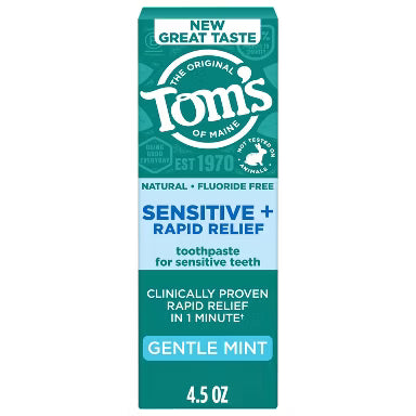 Toms Of Maine Rapid Relief Sensitive Fluoride Free Toothpaste, Gentle Mint, 4.5 OZ